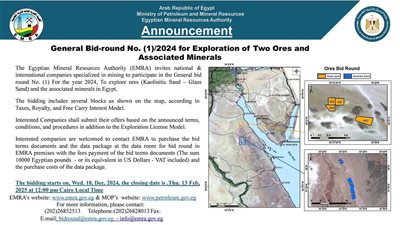 الثروة المعدنية تدعو الشركات للاشتراك في مزايدة خامي الرمال الكاولينية والزجاجية والمعادن