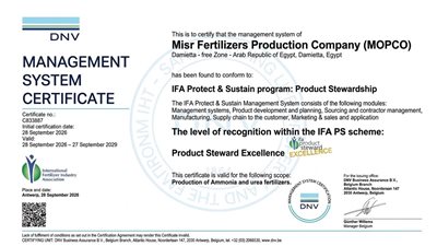 الاتحاد العربي للأسمدة» يهنئ «موبكو» بحصولها على شهادة IFA Protect & Sustain المرموقة.